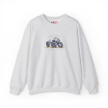 Embroidered Crewneck Sweatshirt — 'Live Fast, Stay Pretty' Mud 4-Wheeler