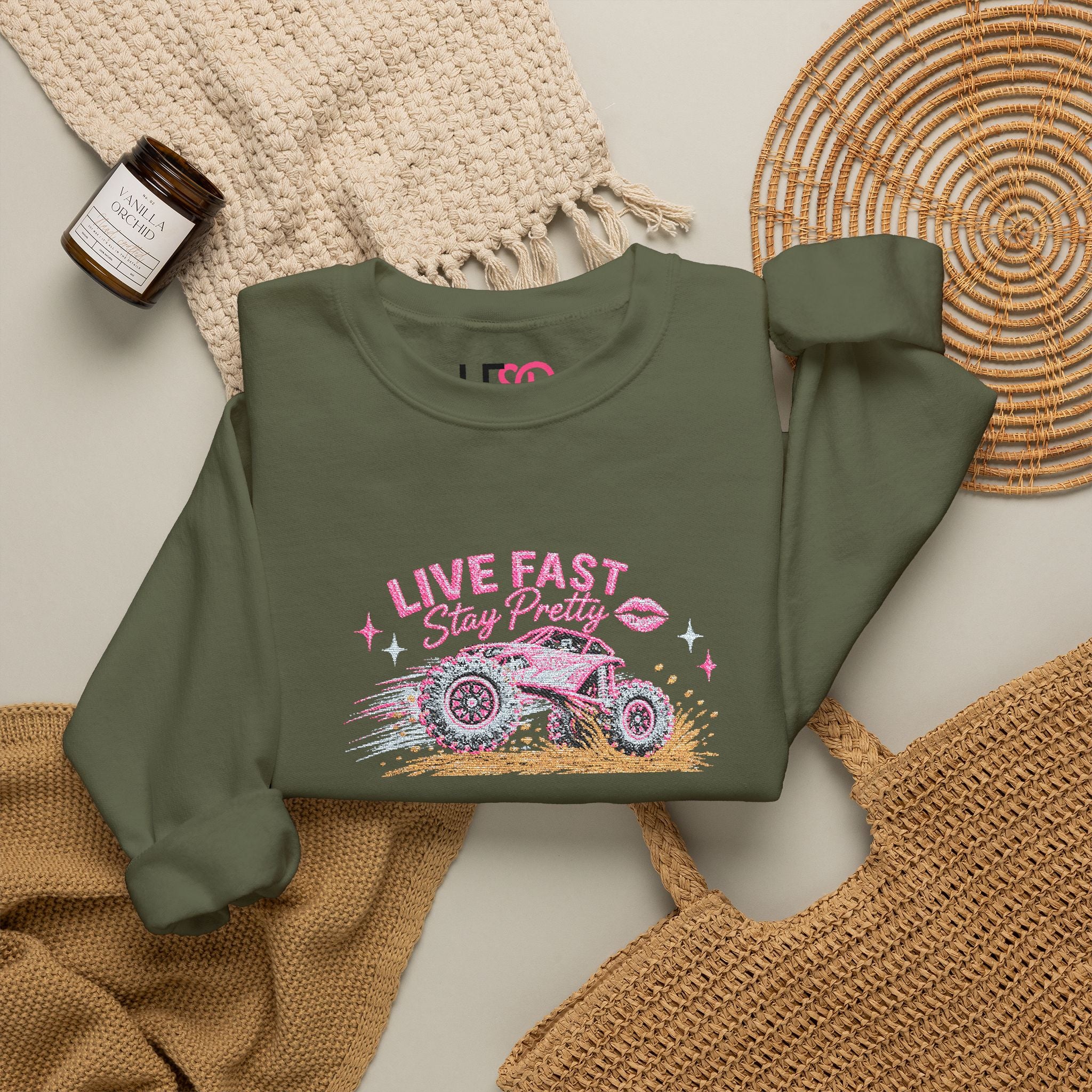 Embroidered Crewneck Sweatshirt — 'Live Fast, Stay Pretty Mud SXS