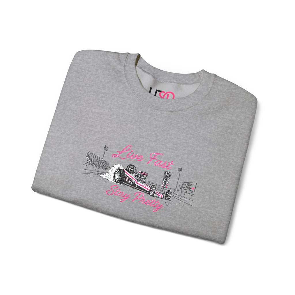 Embroidered Crewneck Sweatshirt — 'Live Fast, Stay Pretty' Vintage Drag Racing