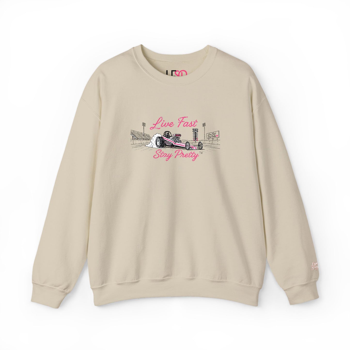 Embroidered Crewneck Sweatshirt — 'Live Fast, Stay Pretty' Vintage Drag Racing