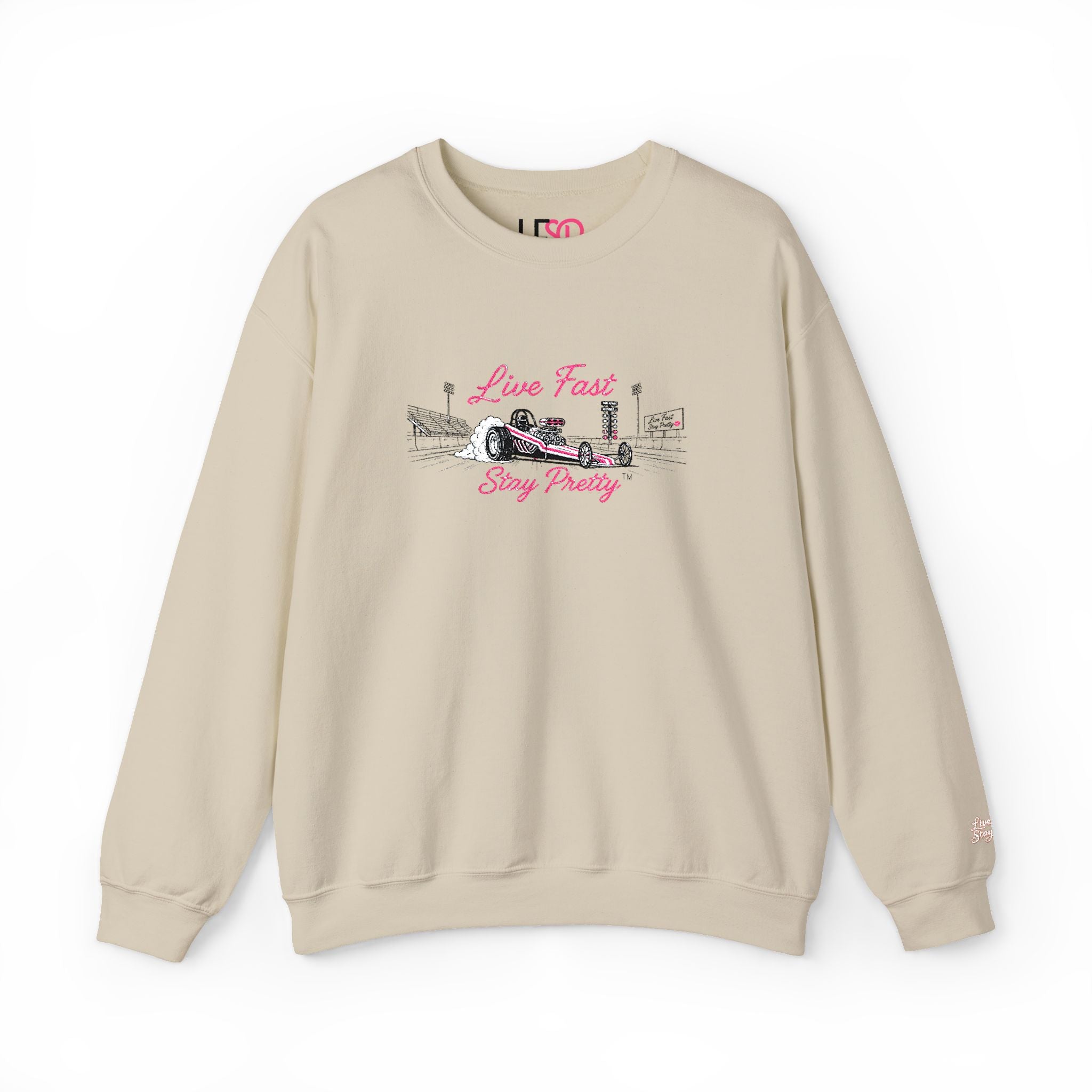 Embroidered Crewneck Sweatshirt — 'Live Fast, Stay Pretty' Vintage Drag Racing