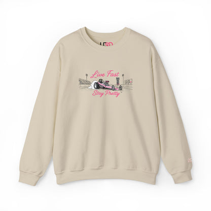 Embroidered Crewneck Sweatshirt — 'Live Fast, Stay Pretty' Vintage Drag Racing