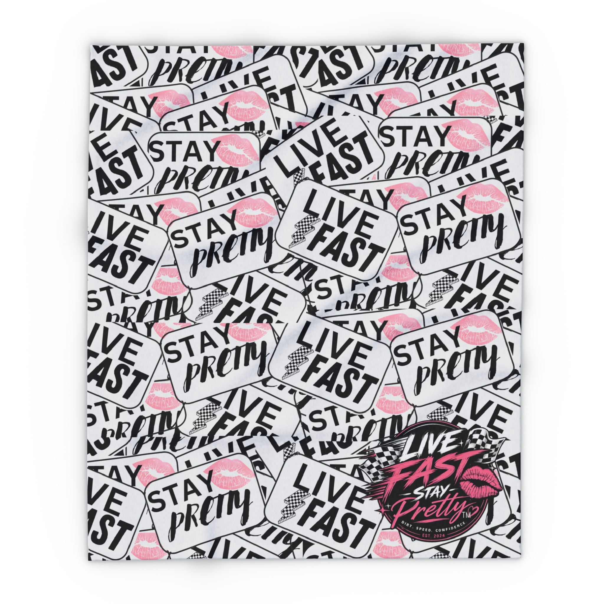 Stay Pretty Live Fast Arctic Fleece Blanket | Pink Lip Badge Pattern