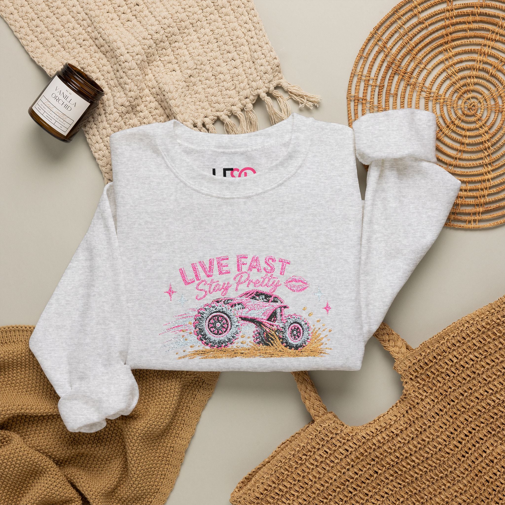 Embroidered Crewneck Sweatshirt — 'Live Fast, Stay Pretty Mud SXS
