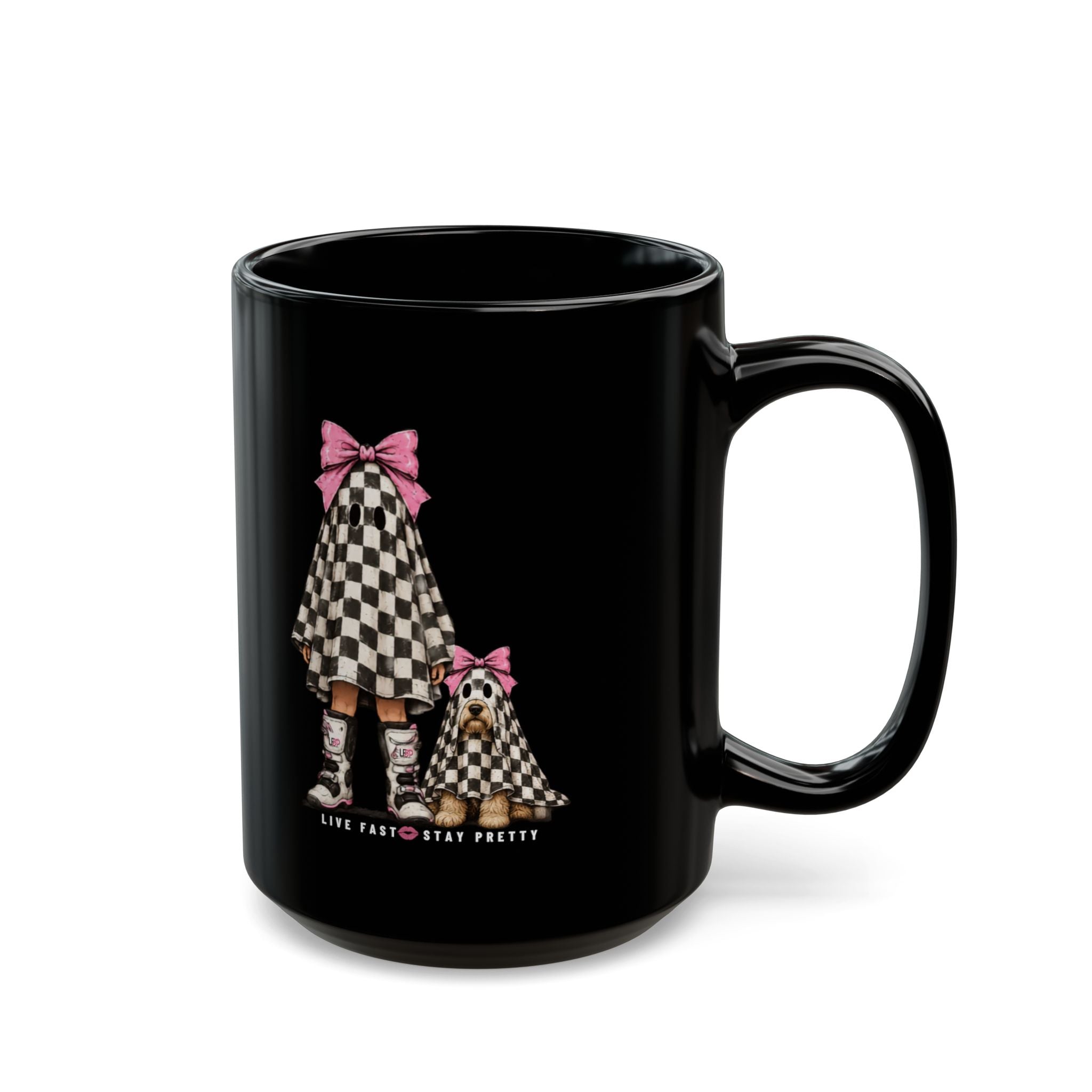 Checkerboard Ghost Girl & Puppy Mug (11oz/15oz)