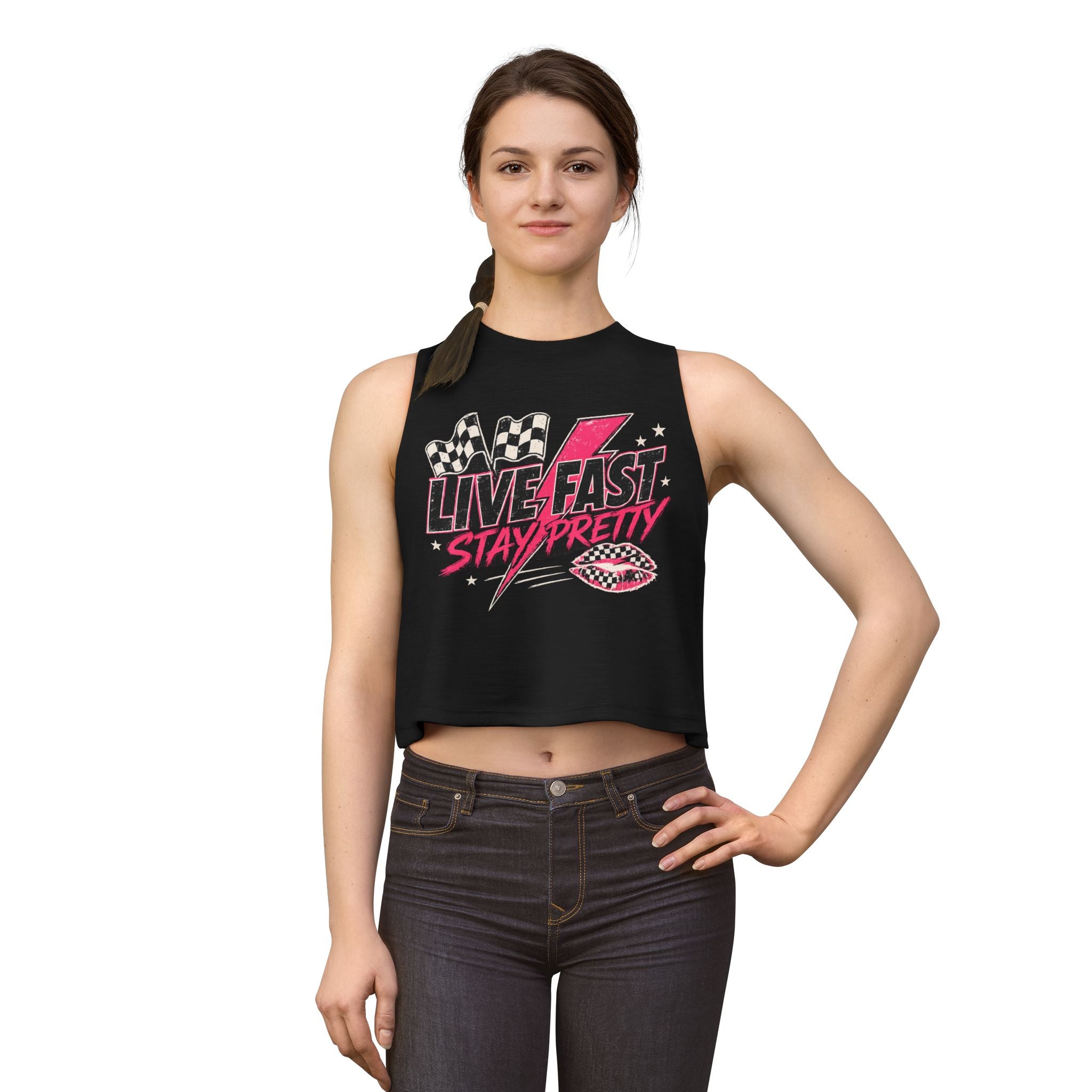 Live Fast Stay Pretty Crop Tank — Retro Racing Pink Graphic Women's Crop Top