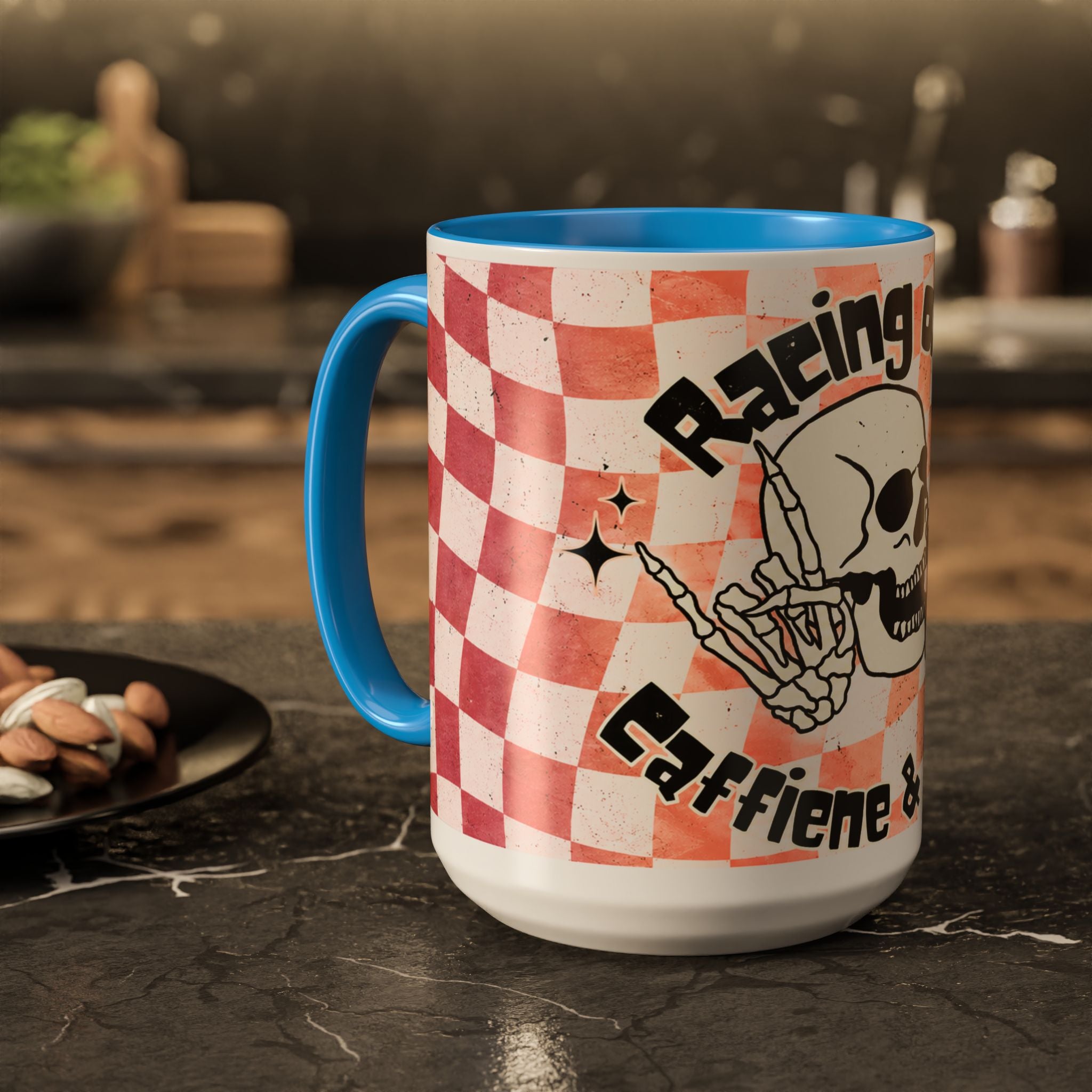 Skull & Coffee Ceramic Mug — 'Racing on Caffeine & Chaos' Checkerboard 15oz