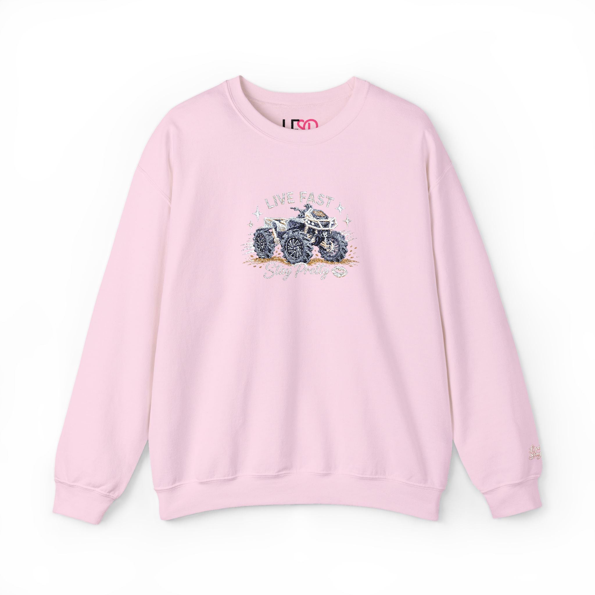 Embroidered Crewneck Sweatshirt — 'Live Fast, Stay Pretty' Mud 4-Wheeler