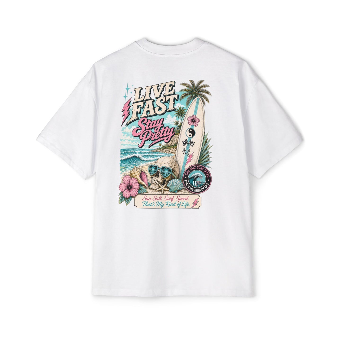 Live Fast Stay Pretty Oversized Heavy Tee — Vintage Surf Skull Graphic Shirt