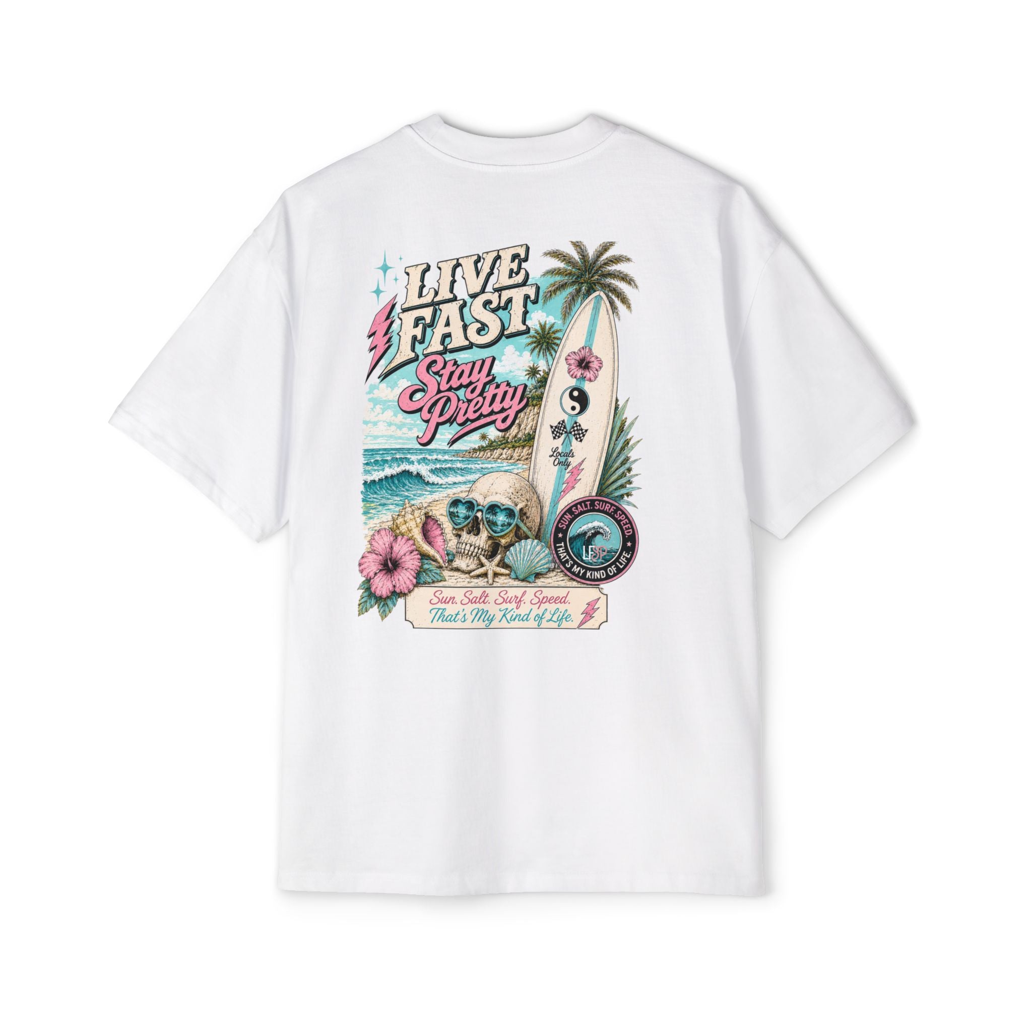 Live Fast Stay Pretty Oversized Heavy Tee — Vintage Surf Skull Graphic Shirt