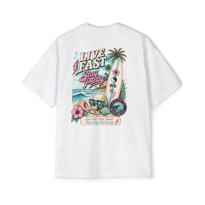 Live Fast Stay Pretty Oversized Heavy Tee — Vintage Surf Skull Graphic Shirt