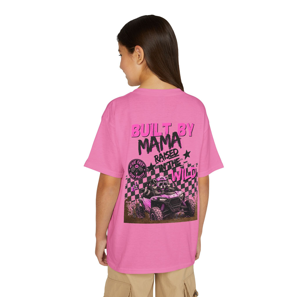 Youth T-Shirt Pink — "Built by Mama Raised Wild"