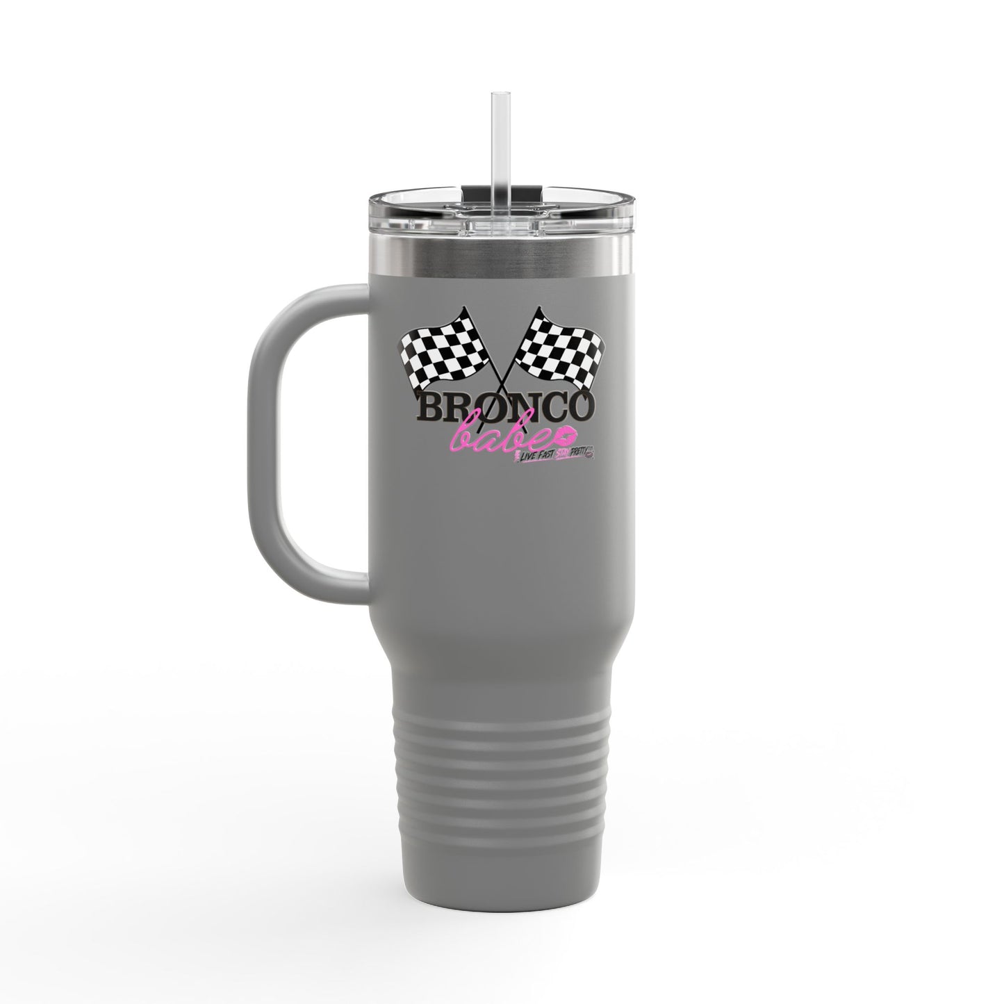 40oz Insulated Travel Mug — "Bronco Babe" Checkered Flag Design