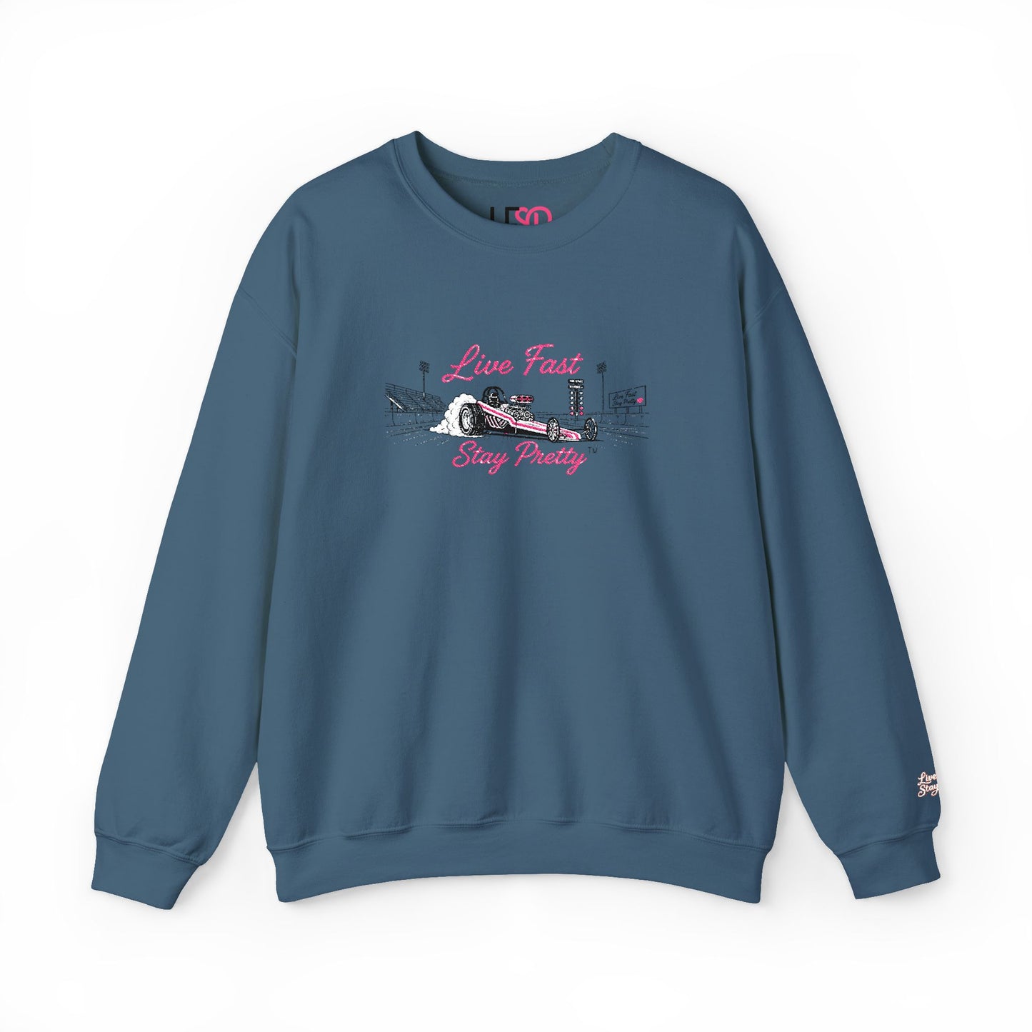 Embroidered Crewneck Sweatshirt — 'Live Fast, Stay Pretty' Vintage Drag Racing
