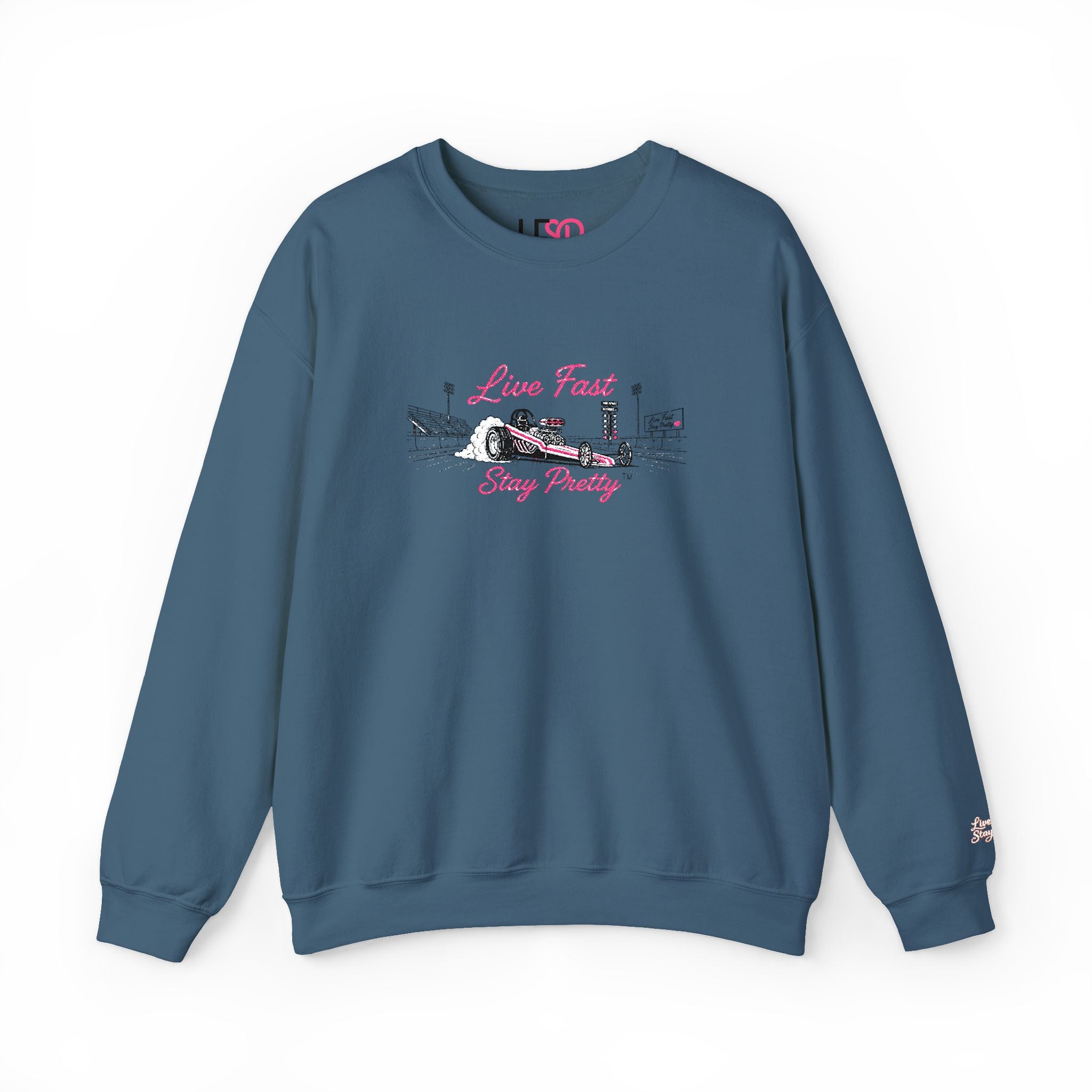 Embroidered Crewneck Sweatshirt — 'Live Fast, Stay Pretty' Vintage Drag Racing