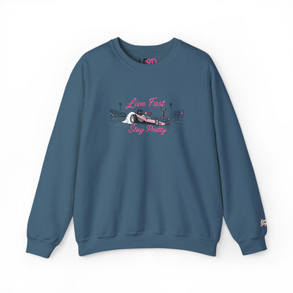 Embroidered Crewneck Sweatshirt — 'Live Fast, Stay Pretty' Vintage Drag Racing