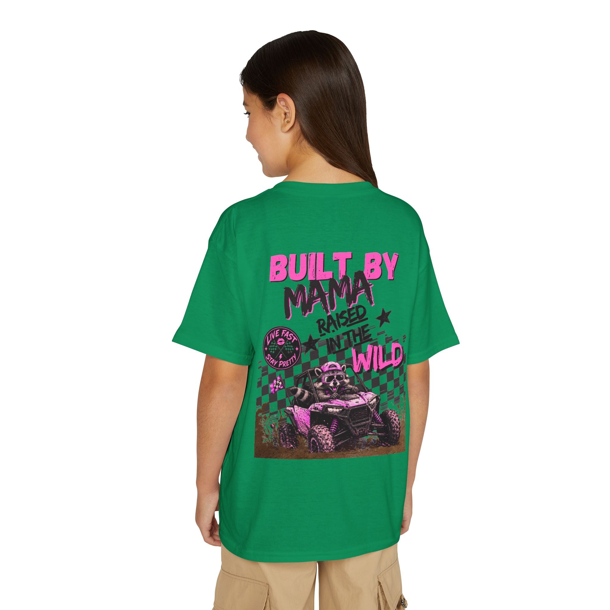 Youth T-Shirt Pink — "Built by Mama Raised Wild"