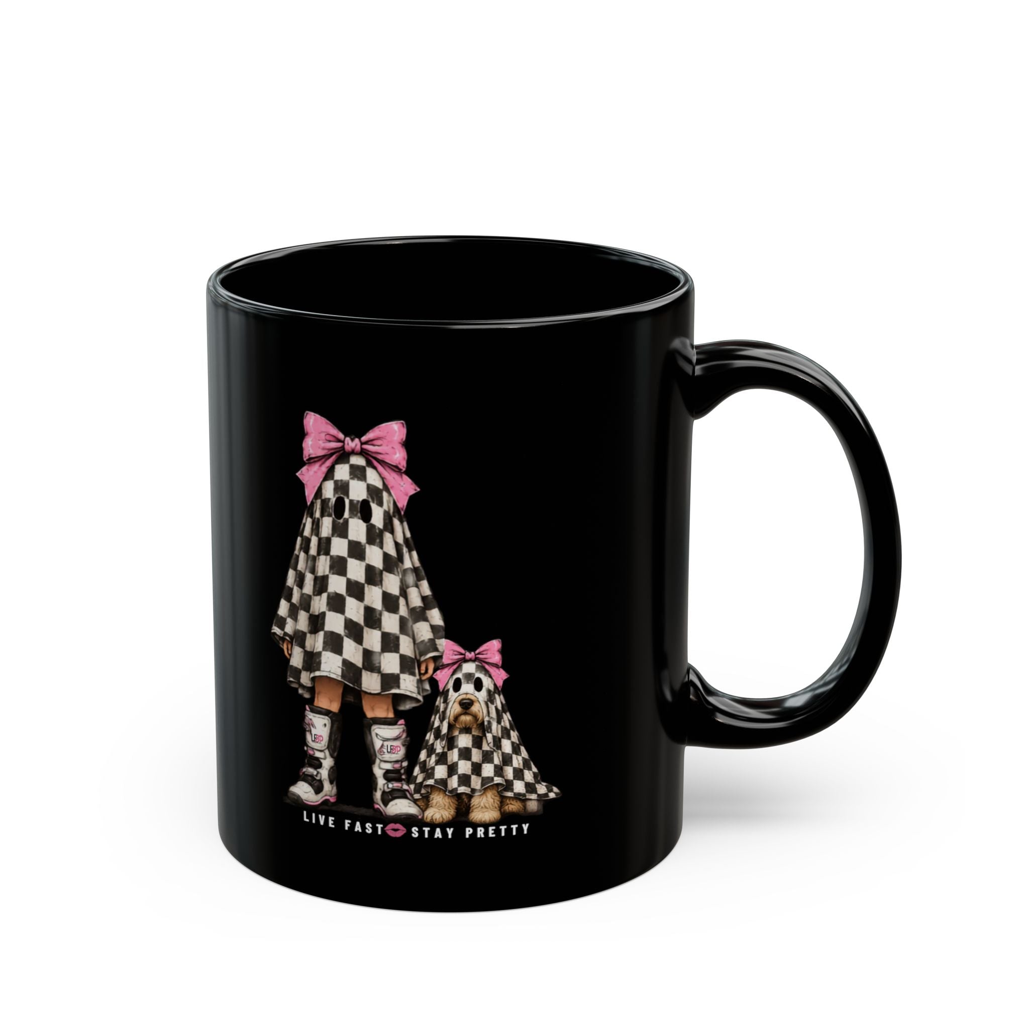 Checkerboard Ghost Girl & Puppy Mug (11oz/15oz)