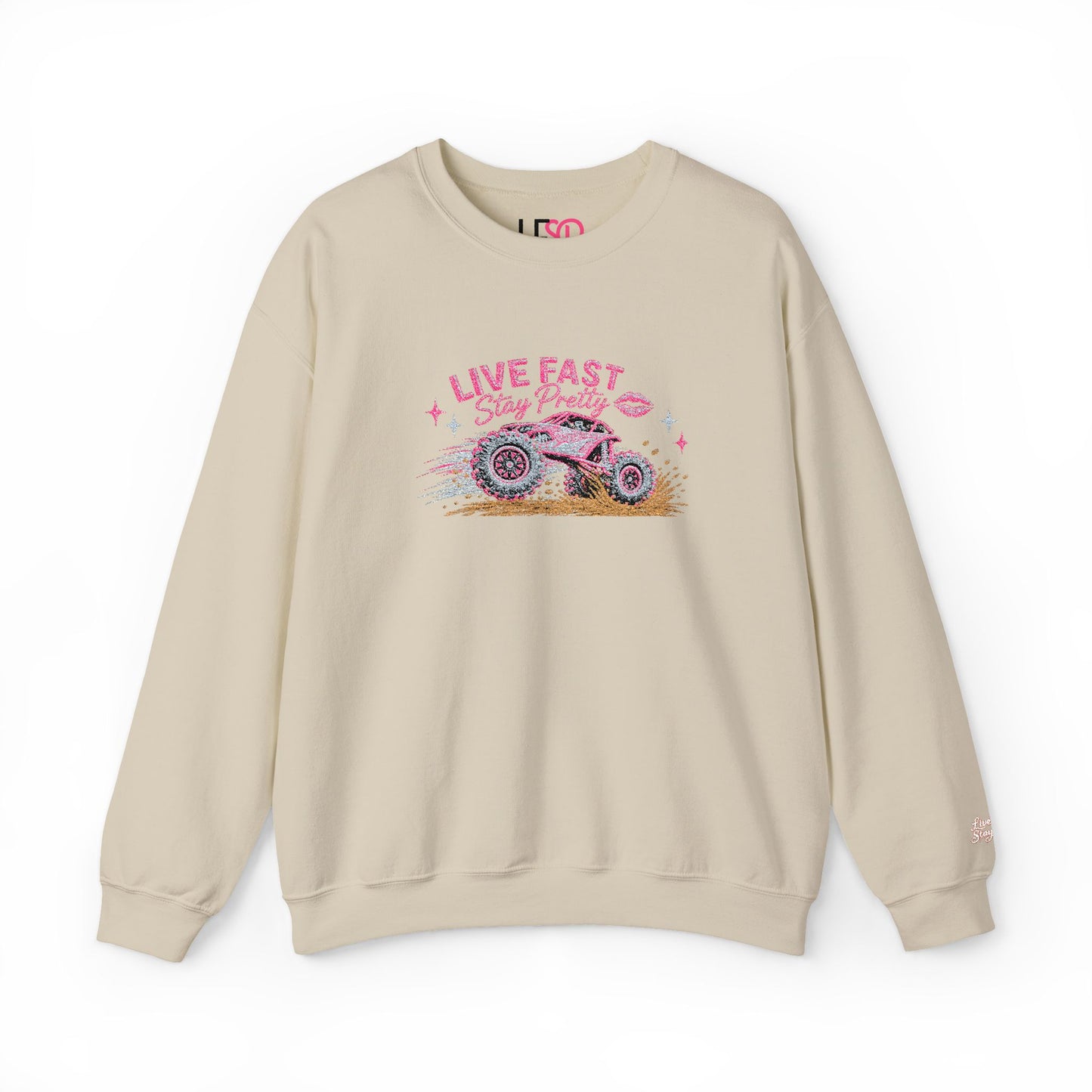 Embroidered Crewneck Sweatshirt — 'Live Fast, Stay Pretty Mud SXS