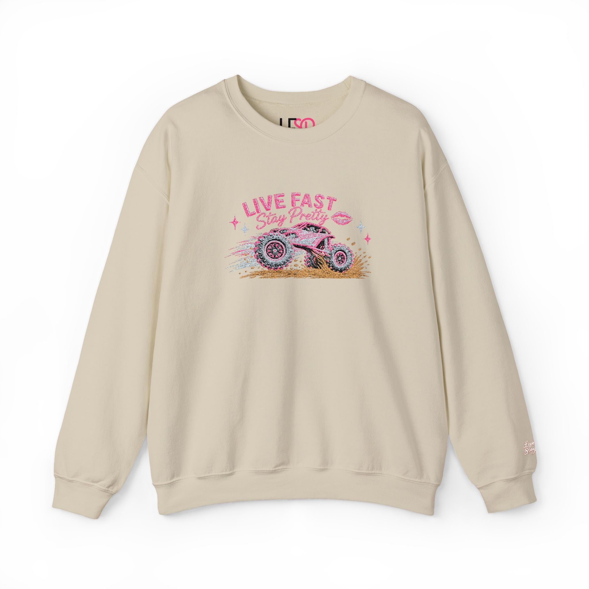 Embroidered Crewneck Sweatshirt — 'Live Fast, Stay Pretty Mud SXS