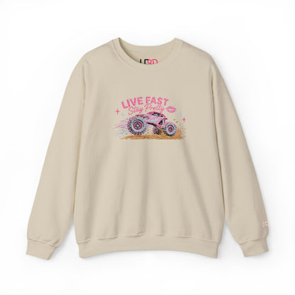 Embroidered Crewneck Sweatshirt — 'Live Fast, Stay Pretty Mud SXS