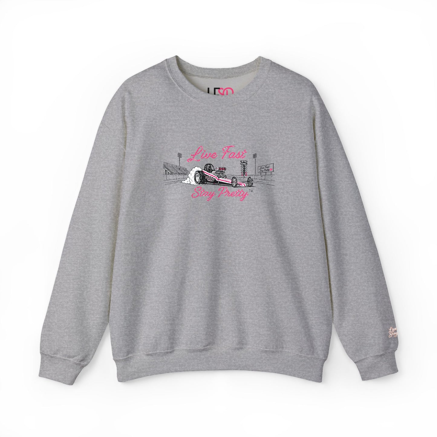 Embroidered Crewneck Sweatshirt — 'Live Fast, Stay Pretty' Vintage Drag Racing