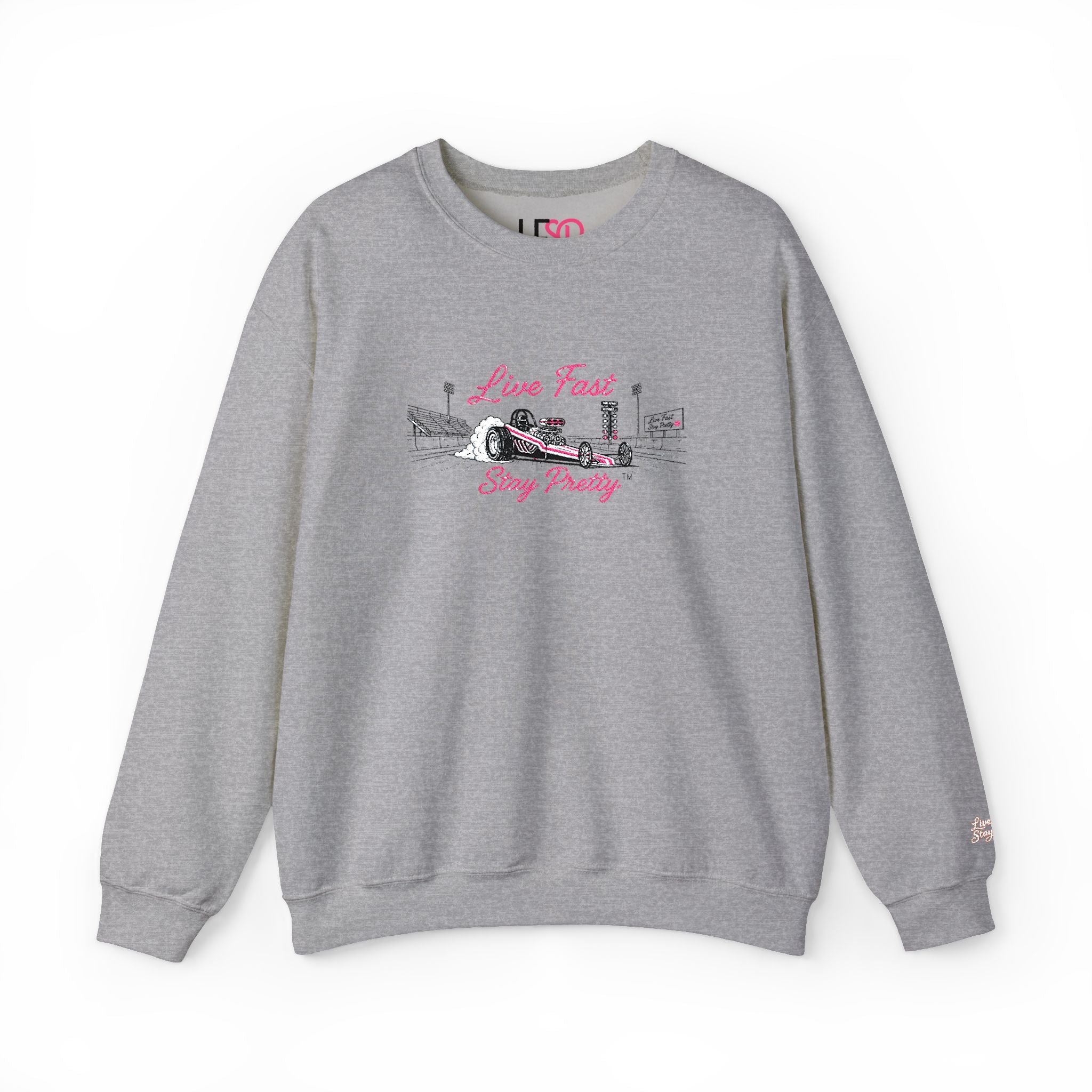 Embroidered Crewneck Sweatshirt — 'Live Fast, Stay Pretty' Vintage Drag Racing