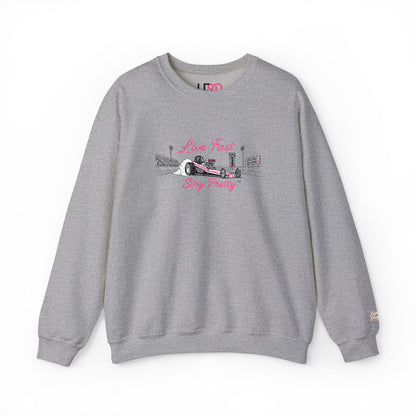 Embroidered Crewneck Sweatshirt — 'Live Fast, Stay Pretty' Vintage Drag Racing