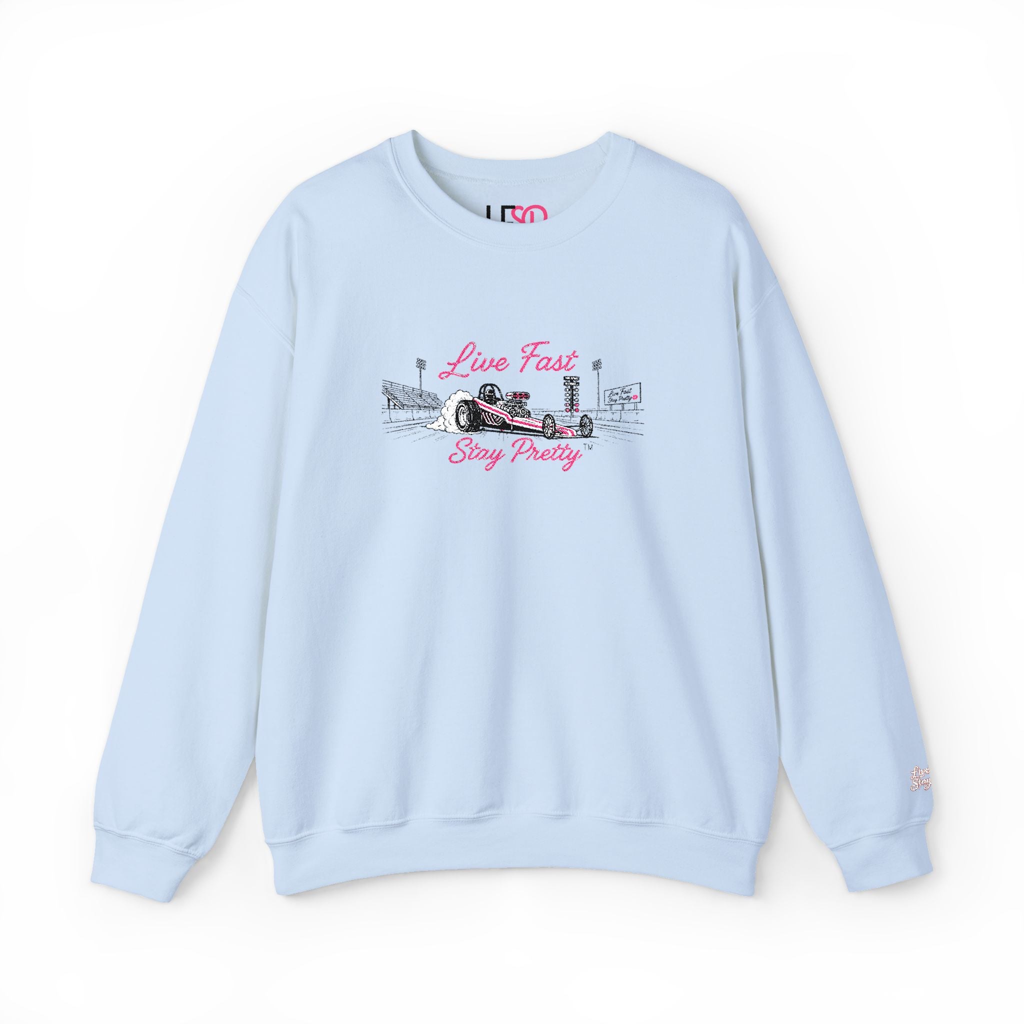 Embroidered Crewneck Sweatshirt — 'Live Fast, Stay Pretty' Vintage Drag Racing