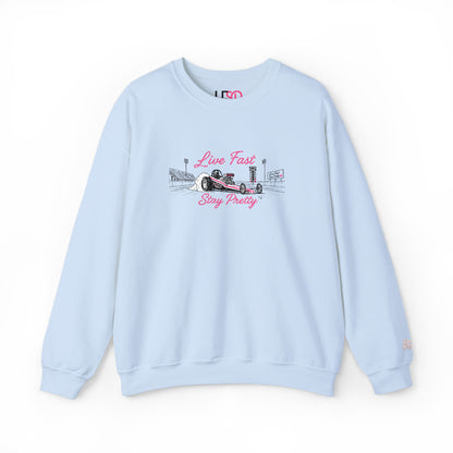 Embroidered Crewneck Sweatshirt — 'Live Fast, Stay Pretty' Vintage Drag Racing
