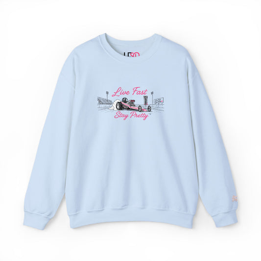 Embroidered Crewneck Sweatshirt — 'Live Fast, Stay Pretty' Vintage Drag Racing