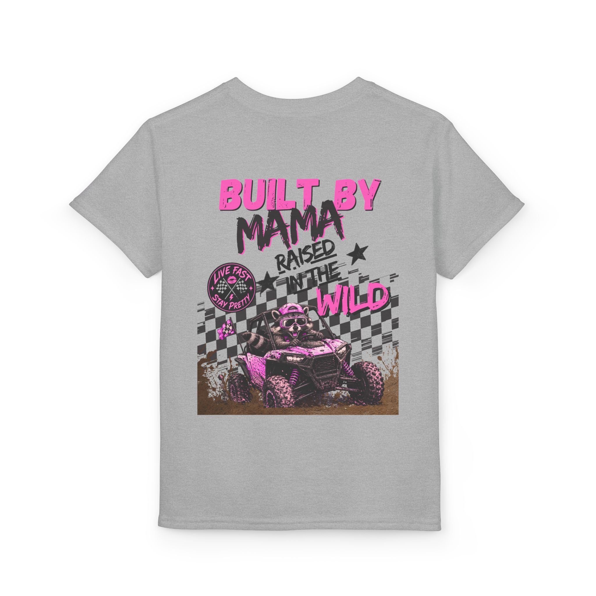 Youth T-Shirt Pink — "Built by Mama Raised Wild"