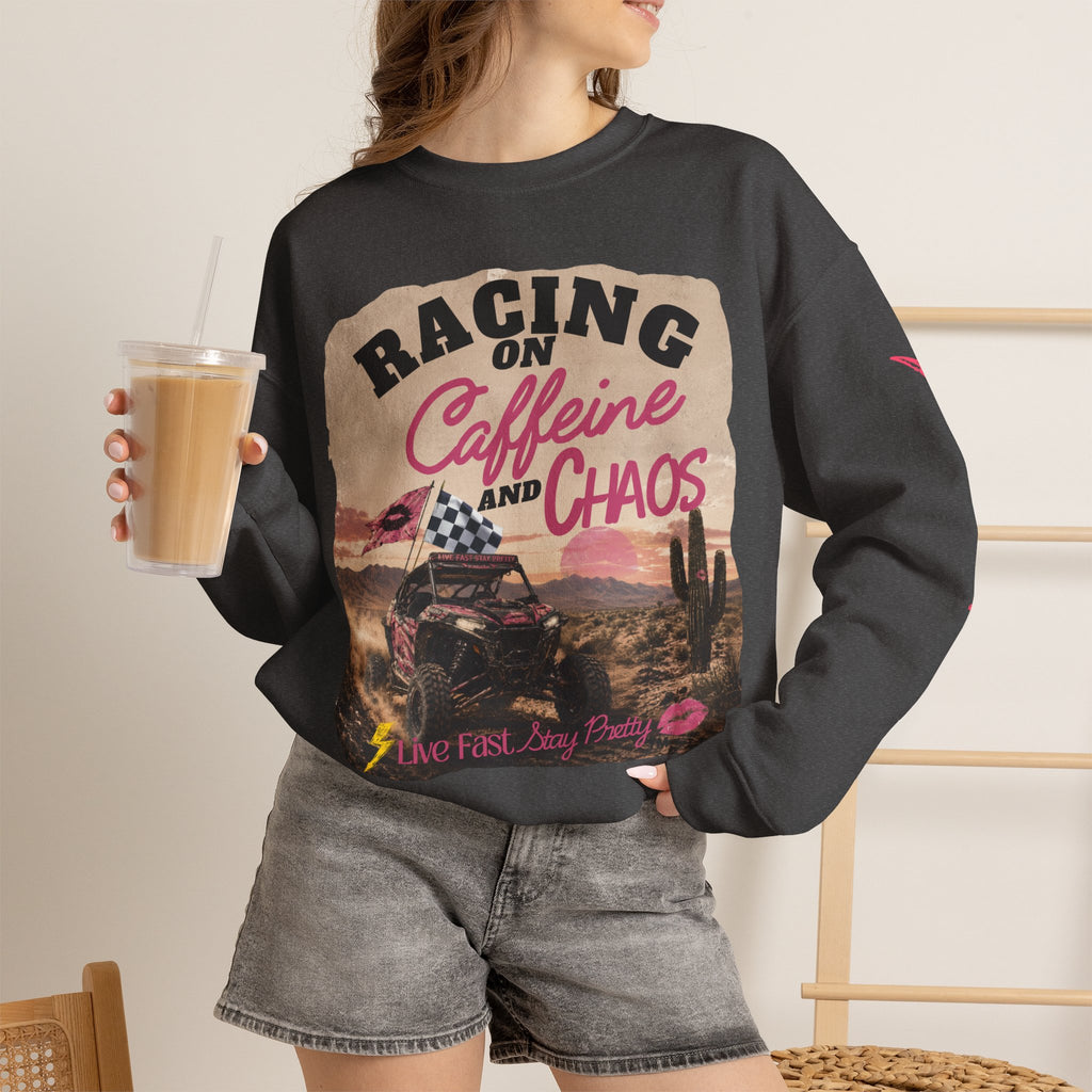Crewneck Sweatshirt - "Racing on Caffeine and Chaos" Desert Off-Road Graphic