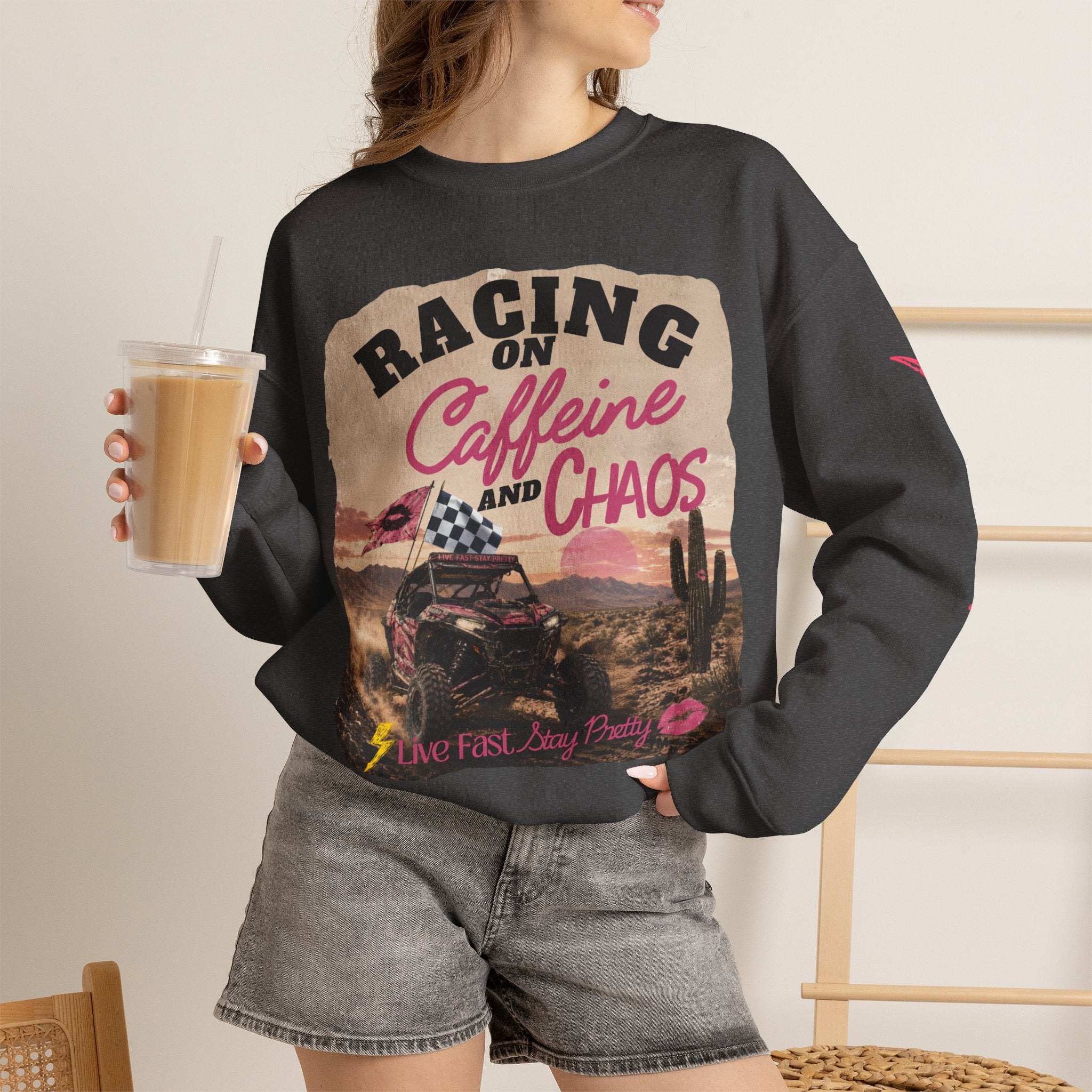 Crewneck Sweatshirt - "Racing on Caffeine and Chaos" Desert Off-Road Graphic