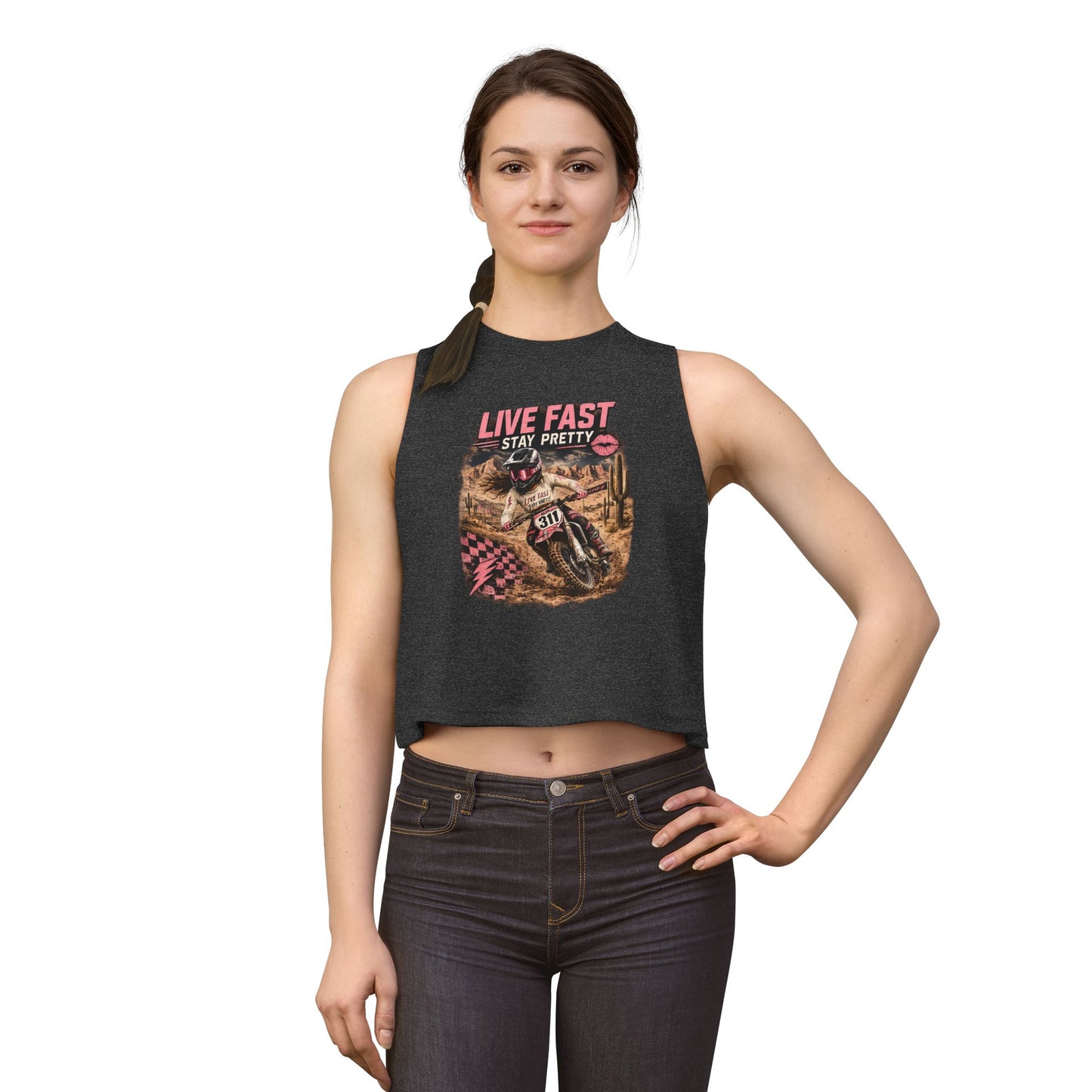Live Fast Stay Pretty Motorcycle Rider Crop Top | Dirt Bike Graphic