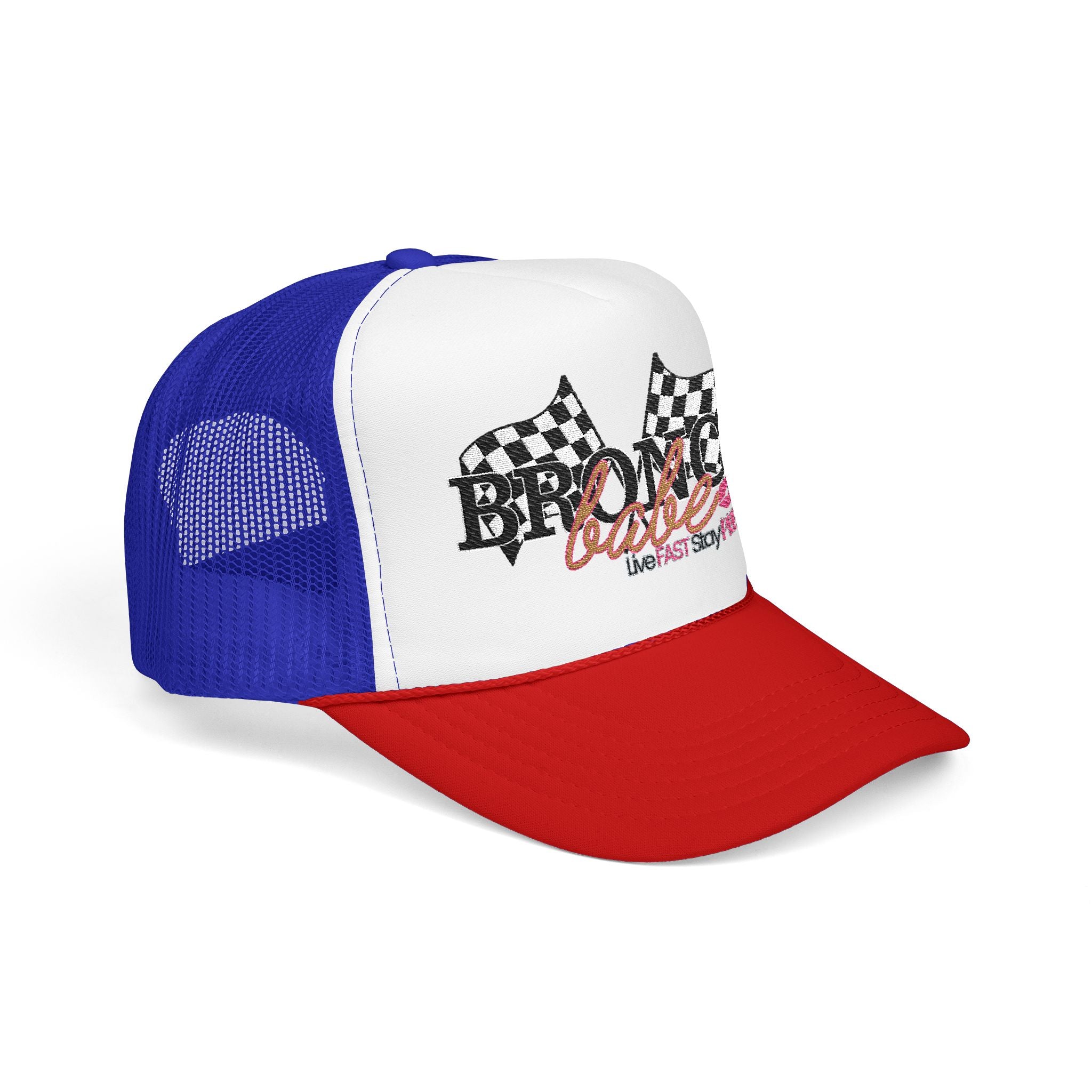 Bronco Babe Trucker Hat — Retro Racing Flag Foam Cap