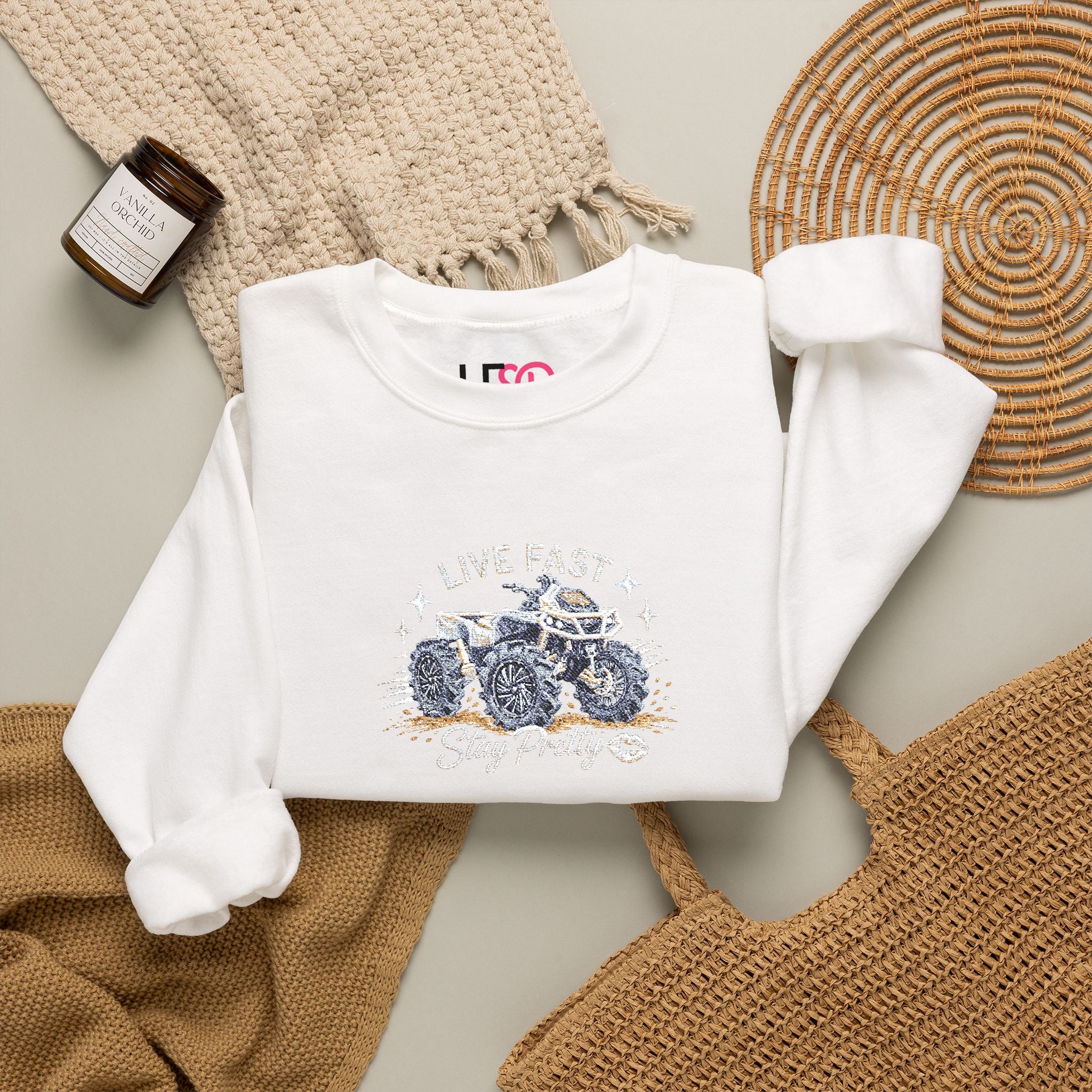 Embroidered Crewneck Sweatshirt — 'Live Fast, Stay Pretty' Mud 4-Wheeler