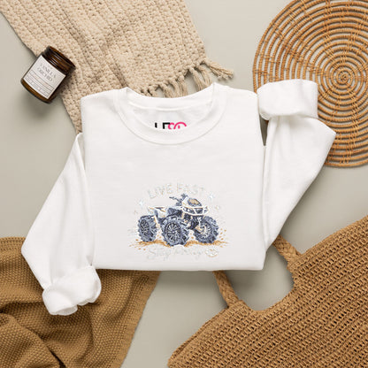 Embroidered Crewneck Sweatshirt — 'Live Fast, Stay Pretty' Mud 4-Wheeler