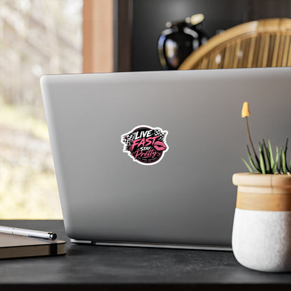 Live Fast Stay Pretty vinyl sticker | Racing lips decal, pink checkered design