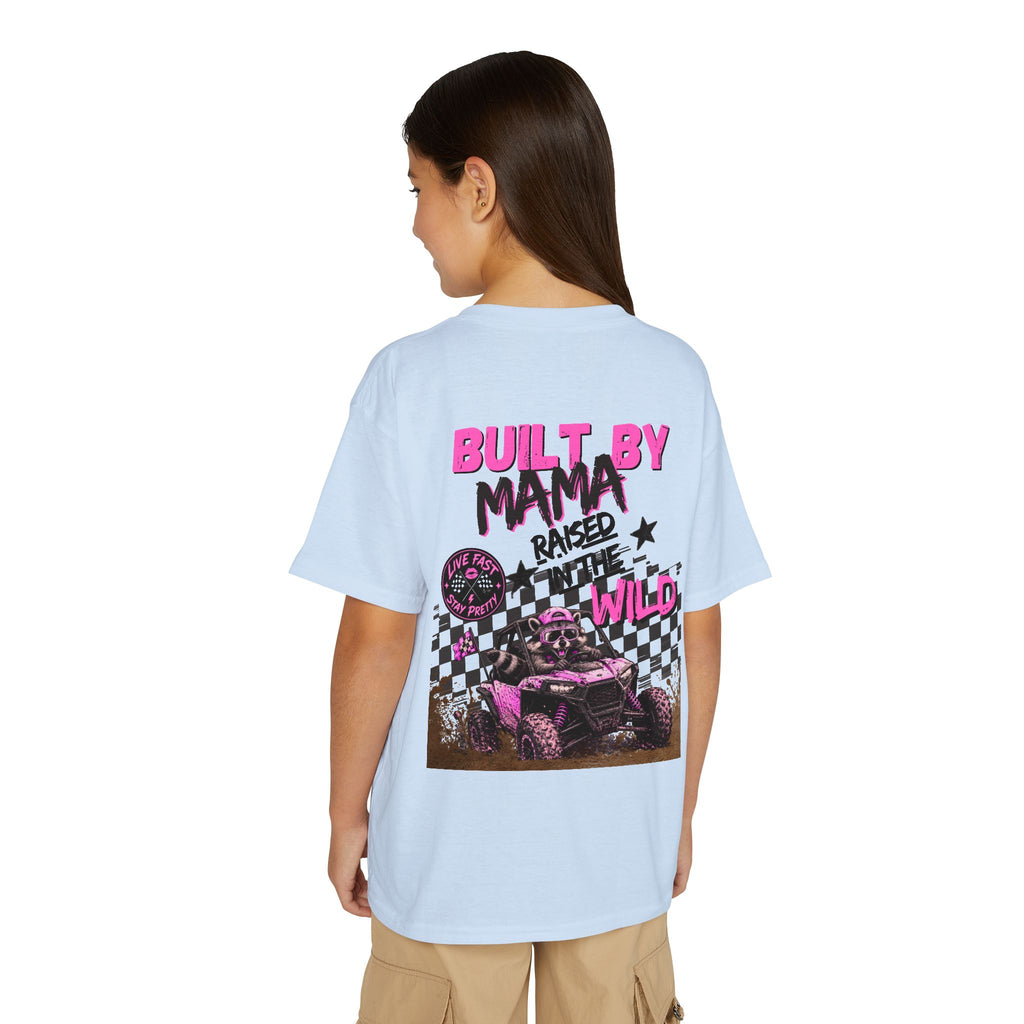 Youth T-Shirt Pink — "Built by Mama Raised Wild"