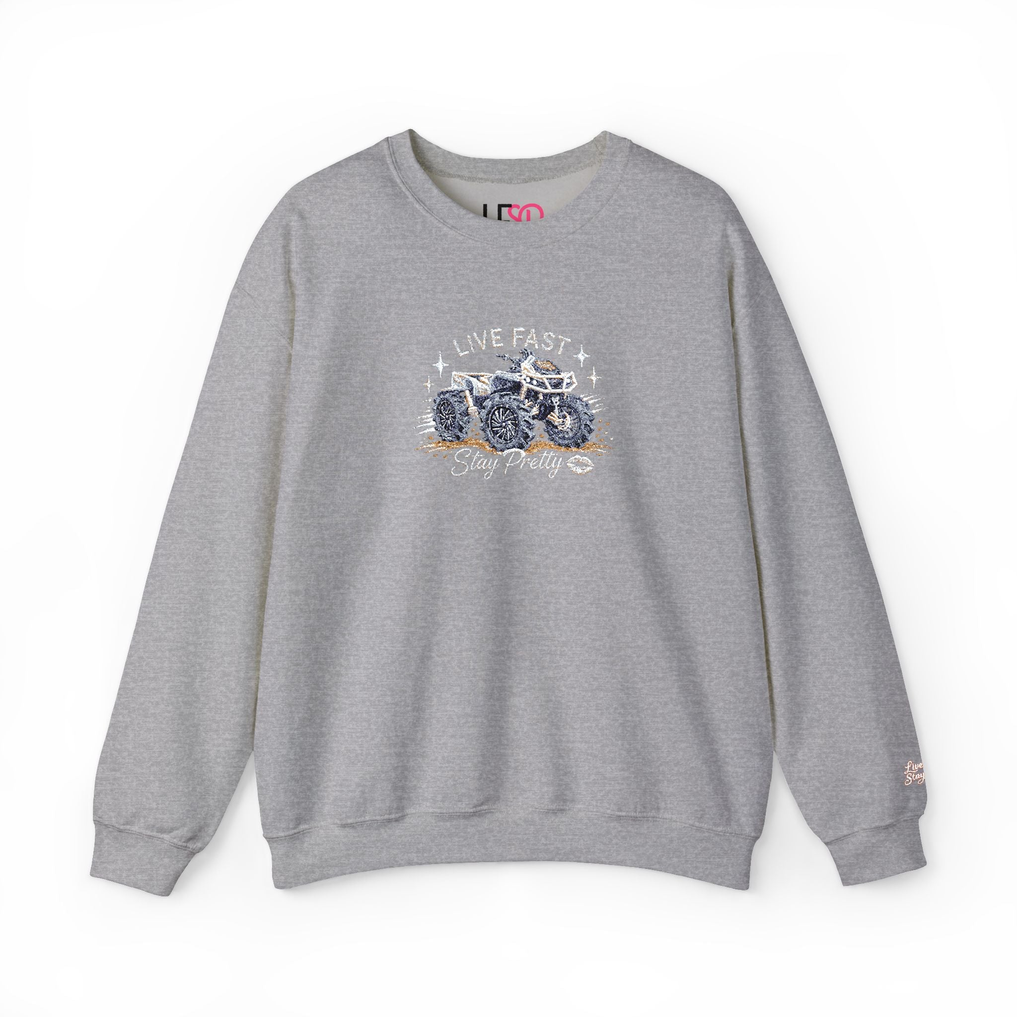 Embroidered Crewneck Sweatshirt — 'Live Fast, Stay Pretty' Mud 4-Wheeler