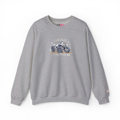 Embroidered Crewneck Sweatshirt — 'Live Fast, Stay Pretty' Mud 4-Wheeler