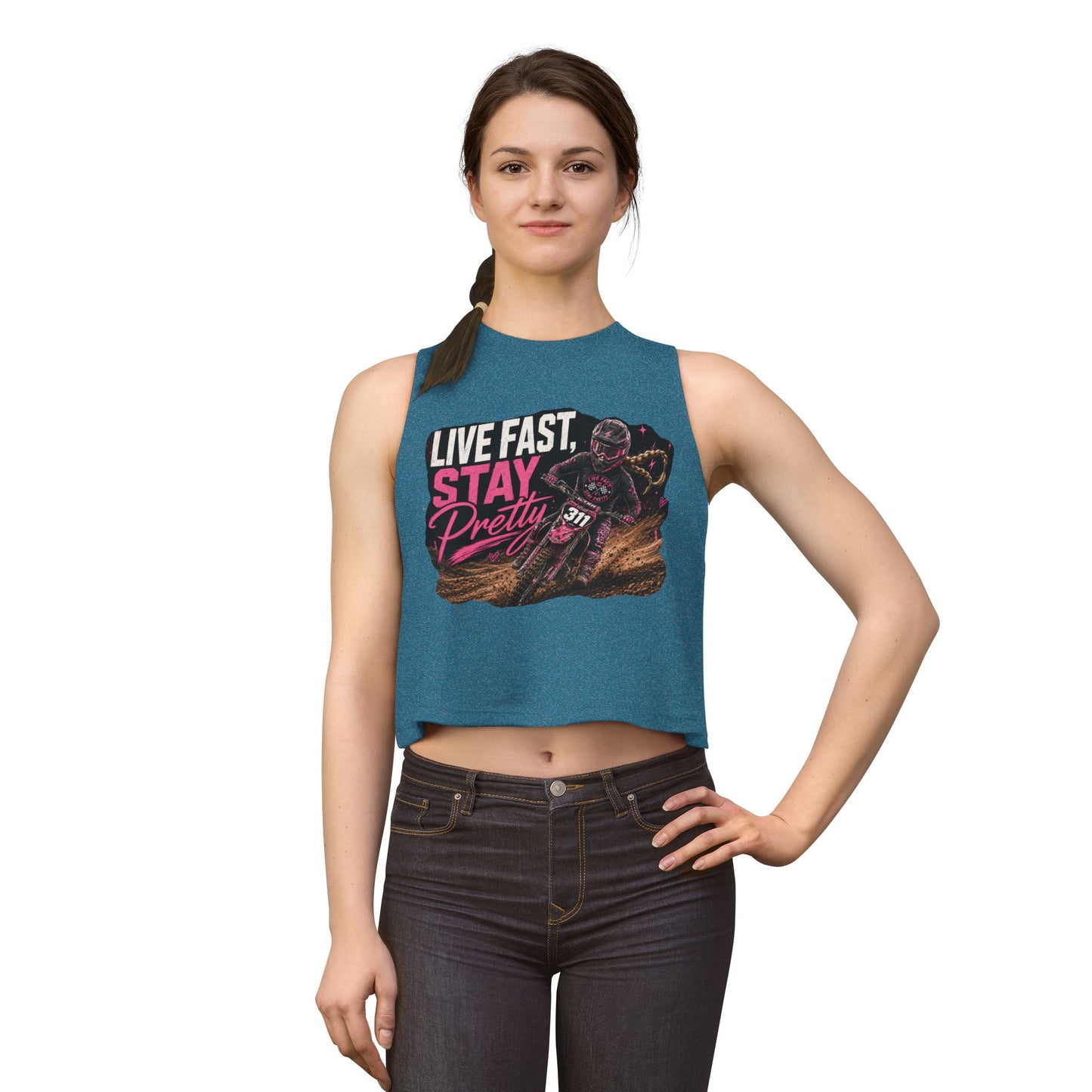 Live Fast Stay Pretty Dirt Bike Racer Crop Top | Moto Graphic Tank