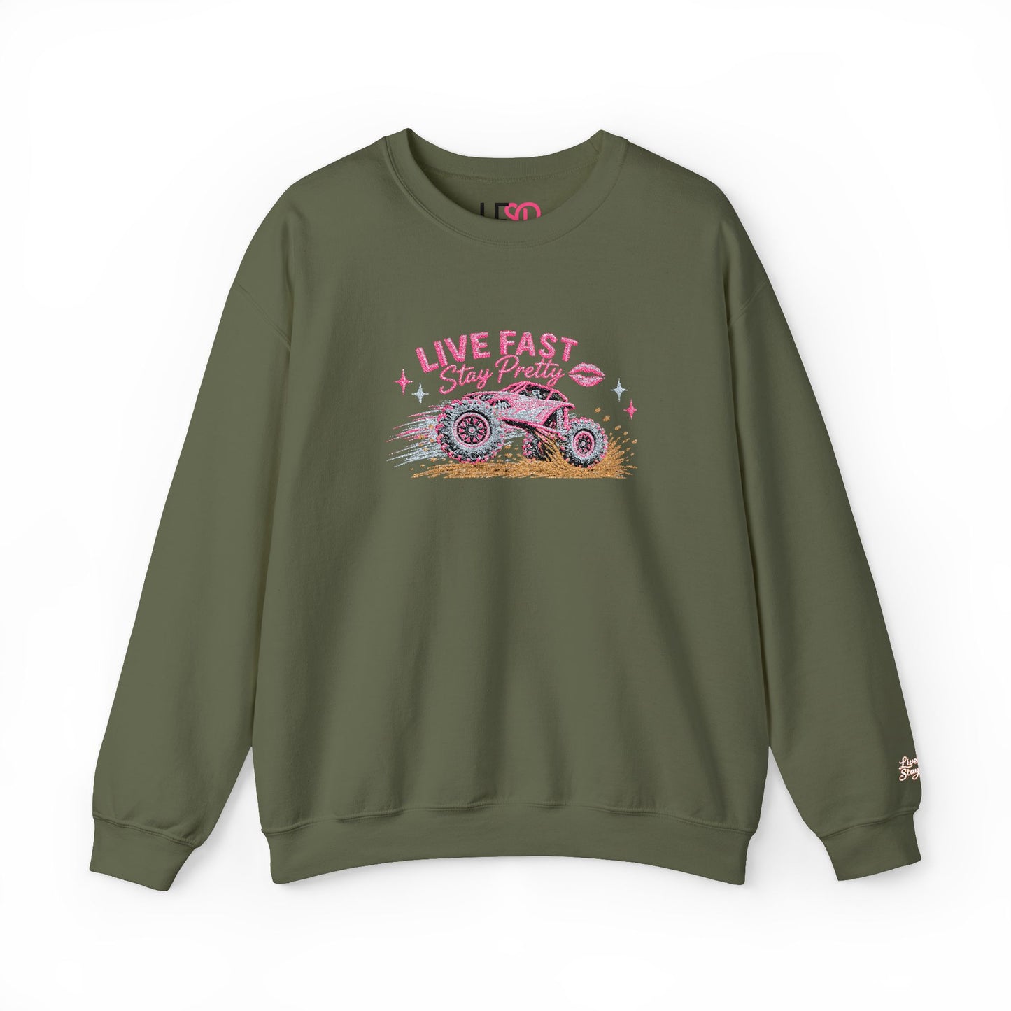Embroidered Crewneck Sweatshirt — 'Live Fast, Stay Pretty Mud SXS