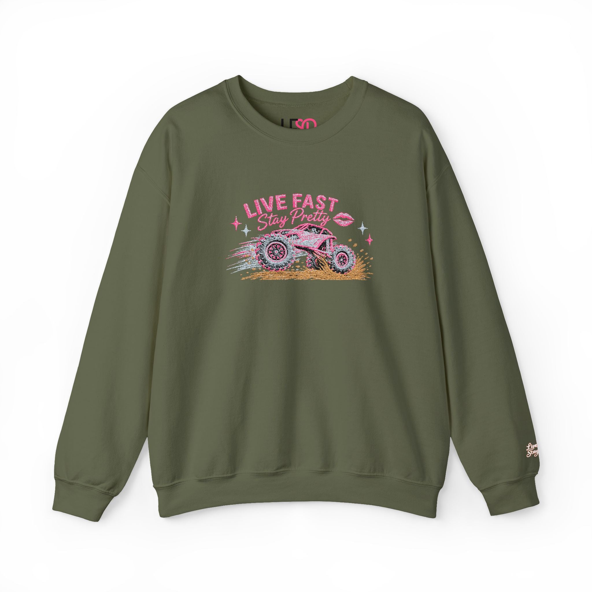 Embroidered Crewneck Sweatshirt — 'Live Fast, Stay Pretty Mud SXS