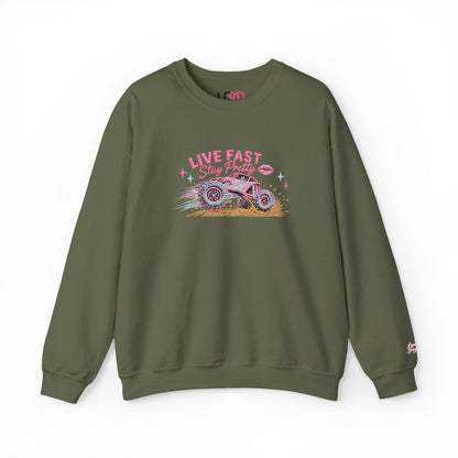 Embroidered Crewneck Sweatshirt — 'Live Fast, Stay Pretty Mud SXS