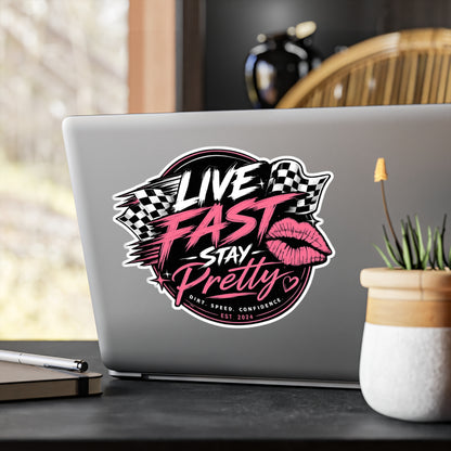 Live Fast Stay Pretty vinyl sticker | Racing lips decal, pink checkered design