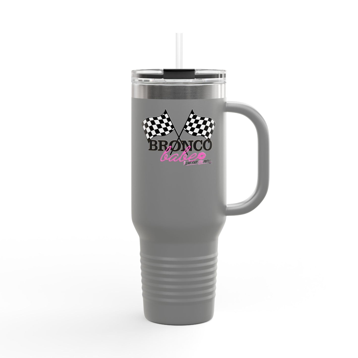 40oz Insulated Travel Mug — "Bronco Babe" Checkered Flag Design