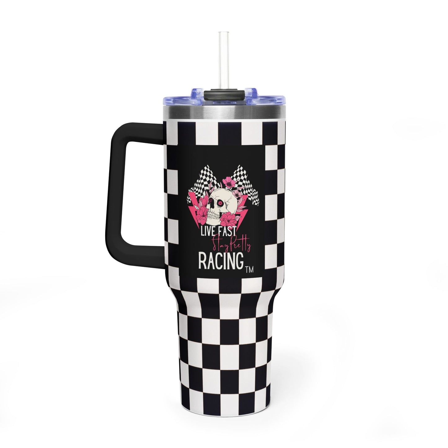 40oz Racing Checkered Vacuum Tumbler — "Live Fast Racing" Insulated Cup