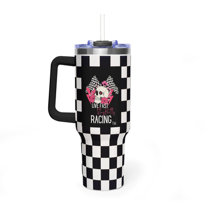 40oz Racing Checkered Vacuum Tumbler — "Live Fast Racing" Insulated Cup